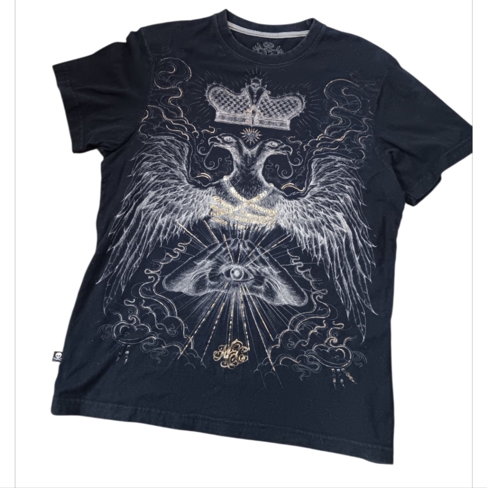 Vintage Marc Ecko Black Tee with Gold and Silver Graphic Y2k